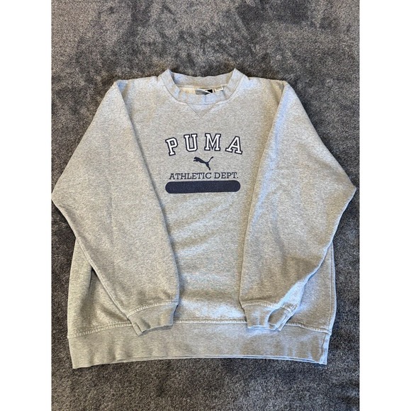Vintage PUMA Mens Pullover Sweatshirt Grey Size M Athletic Dept Logo Spell Out - Picture 2 of 7
